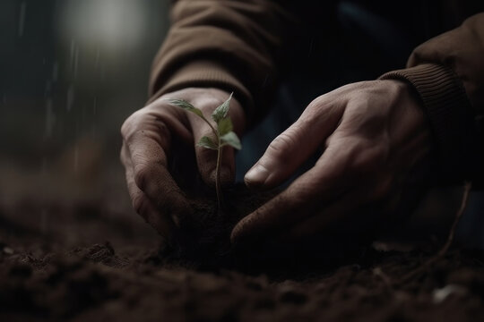 Hands plant a sprout in the ground, ecological concept. AI generative.