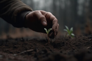 The hand is planting a sprout in the ground. AI generative.