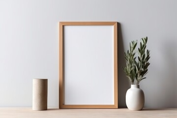 AI Generated Empty wooden picture frame mockup in home wall interior design background