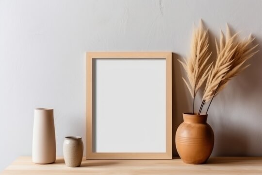 AI Generated Empty wooden picture frame mockup in home wall interior design background