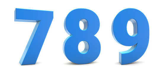 Numbers 7,8,9 isolated on white background. Blue 3d numbers. 3d shiny number collection. 3d rendering	