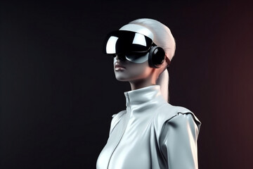 Futuristic woman exploring the metaverse with VR glasses and headset, generative AI
