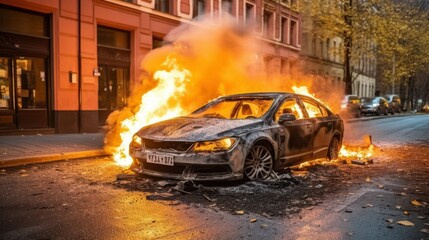 Fototapeta na wymiar Burning automobile in the middle of European street