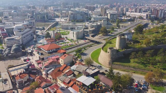 Skopje aerial view, Republic of North Macedonia. Fortress, city center