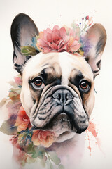 Fawn French Bulldog dog with flowers on head. Watercolor style painting. Generative AI illustration