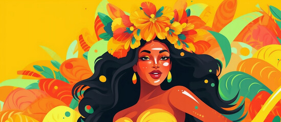 Colorful Brazilian Carnival Woman in Traditional Attire - Banner or Poster Template, generative AI