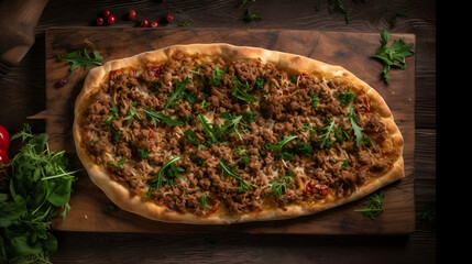 Turkish pizza lahmacun with minced lamb and beef on a thin dough with vegetables and herbs, horizontal showcase. Wooden table, top view, flat lay, AI generated.