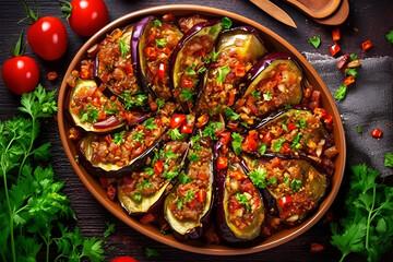 Grilled eggplant salad with garlic, lemon and olive oil in a clay bowl on a dark wooden background. Local mediterranean cuisine, Turkish tradition dishes top view. AI generated