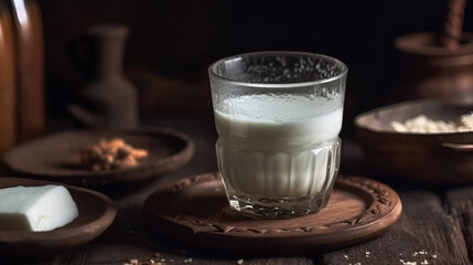glass of cold buttermilk (ayran) or kefir. Close-up on a wooden table. Delicious and healthy drink Ayran in traditional dishes. Lunch at a Turkish cafe, kufta and spices in background. generated by AI - obrazy, fototapety, plakaty
