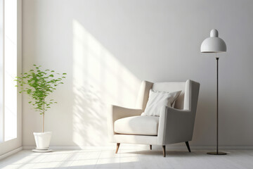 minimal interior with white soft chair and lamp, AI Generated