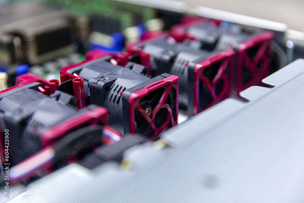 Poster inside view of opened multiprocessor server of it datacenter. picture of what a air-cooled system fo