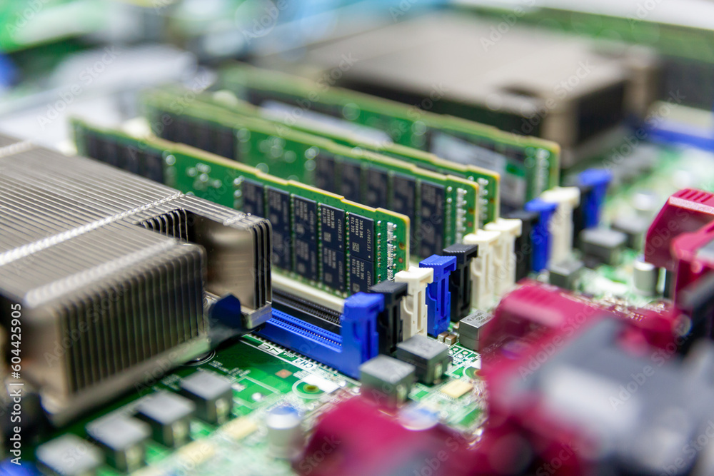 Poster inside view of opened multiprocessor server chassis of it datacenter
