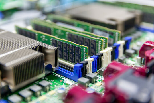 Inside view of opened multiprocessor server chassis of IT datacenter