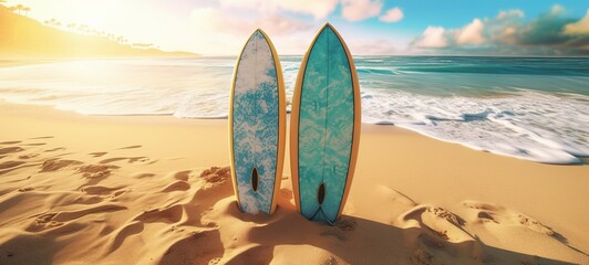 Surf surfing sport seascape summer vacation holiday waves travel sea background panorama - Two colorful surfboards on the sand beach, coastline (Generative Ai)