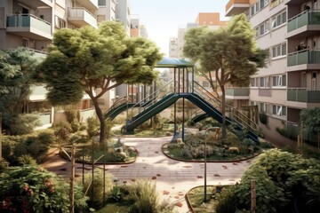 Fototapeta na wymiar AI Generated Hyperrealism playground view with garden background