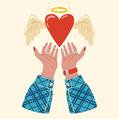 A flying heart with angel wings in hands. Heart in female hands. Design of element for greeting card, invitation, print, sticker. Illustration for valentine's day.
