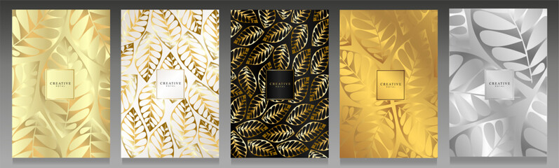 Luxury cover set with leaves. Metallic backgrounds, scattered leaf pattern, gold and silver metallic foliage. Elegant brochures, flyers, banners and invitations, botanical concept.