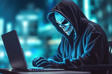 hacker stealing data . Anonymous robot hacker with skull mask typing computer laptop. Concept of hacking cybersecurity, cybercrime, cyberattack 