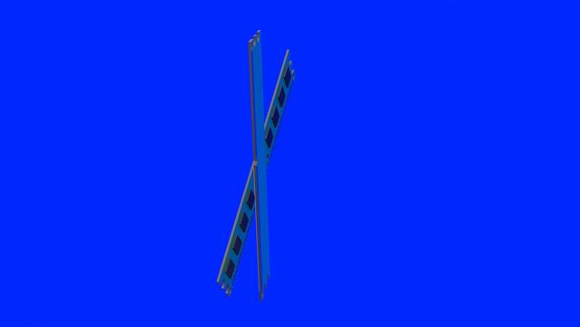 Two 3d computer ram chips rotating in a circle with blue background. Looping animation. 4k computer hardware