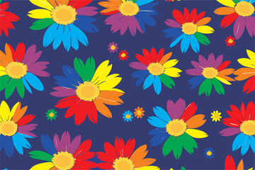 Fototapeta na wymiar Vector floral abstract pattern with flowers chamomile in rainbow colors. An ornament with colorful petals - elements of the lgbt community. 