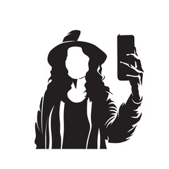 Young woman takes a selfie with her mobile phone. Isolated vector silhouette