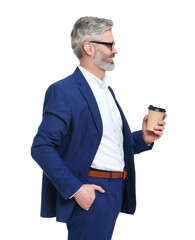 Mature businessman in stylish clothes with cup of drink on white background