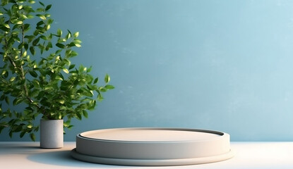 Empty Round Pedestal on Delicate Blue Background with Natural Accents, generative AI