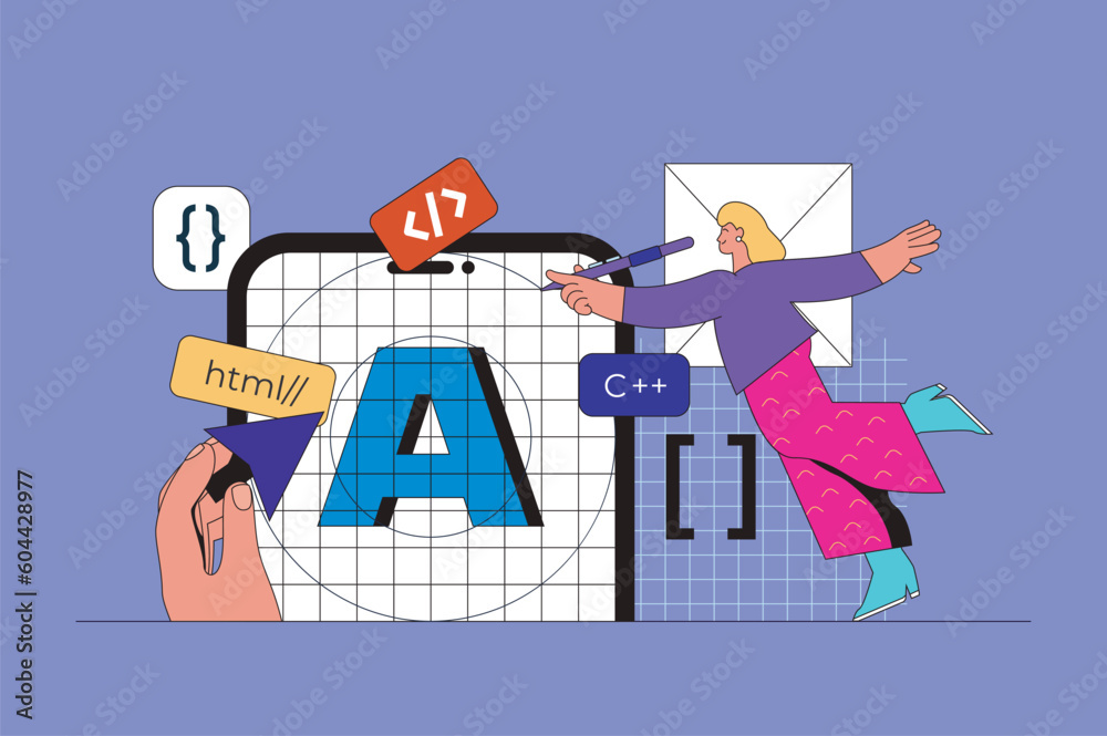 Poster App development web concept with character scene. Woman developer programming, coding and creating software and ui layout. People situation in flat design. Vector illustration for marketing material.