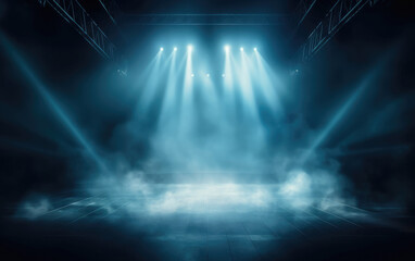 Illuminated stage with scenic lights and smoke. Blue vector spotlight with smoke volume light effect on black background. Stadium cloudiness projector, Generative AI - obrazy, fototapety, plakaty