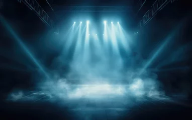 Foto op Aluminium Illuminated stage with scenic lights and smoke. Blue vector spotlight with smoke volume light effect on black background. Stadium cloudiness projector, Generative AI © amankris99