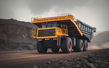 Open pit mine industry, big yellow mining truck for coal anthracite, Generative AI
