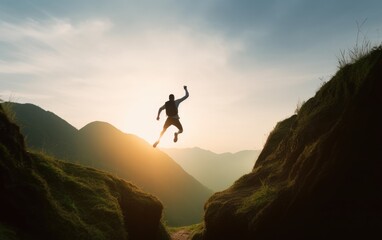 Silhouette Man jump through gaps between hills, Generative AI