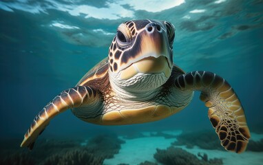 Portrait of a happy sea turtle swimming underwater, Generative AI