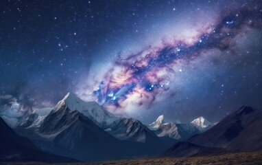 Fototapeta na wymiar Space. Milky Way and mountains. Fantastic view with mountains and starry sky at night in Nepal. Mountain valley and sky with stars. Beautiful Himalayas, Generative AI