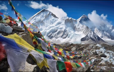View of Mount Everest and Nuptse with buddhist prayer flags from kala patthar in Sagarmatha National Park in the Nepal Himalaya, Generative AI - obrazy, fototapety, plakaty
