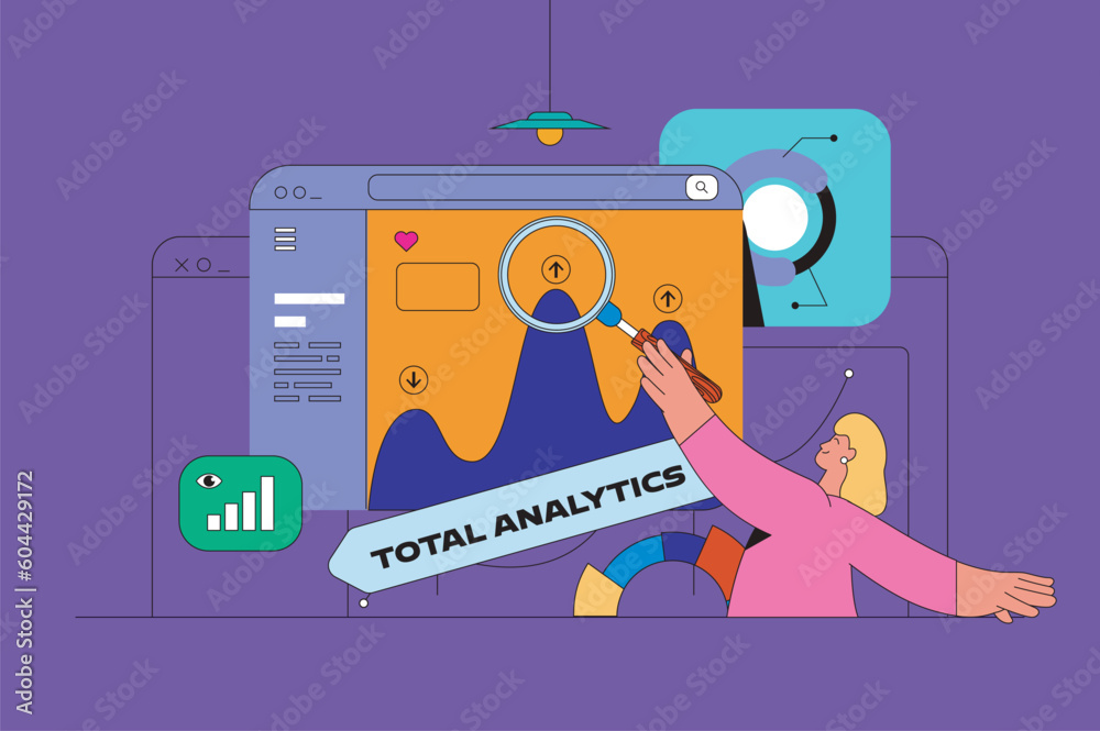 Poster Data analysis web concept with character scene. Analyst working with graphs and charts, researching statistics for report. People situation in flat design. Vector illustration for marketing material.