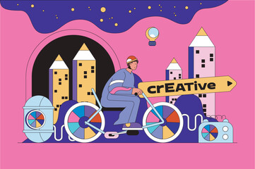 Creative process web concept with character scene. Man brainstorming, generates ideas and creating trendy art content. People situation in flat design. Vector illustration for marketing material.