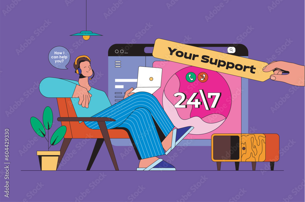 Poster Online support web concept with character scene. Operator answering calls and messages, helping and finding solutions. People situation in flat design. Vector illustration for marketing material.