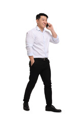 Businessman in formal clothes talking on phone against white background