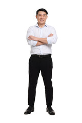 Businessman in formal clothes posing on white background