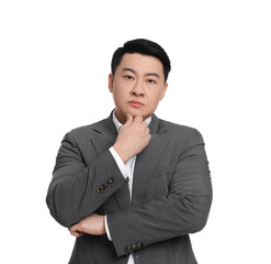 Businessman in suit posing on white background