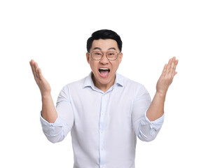 Fototapeta premium Emotional businessman in formal clothes posing on white background