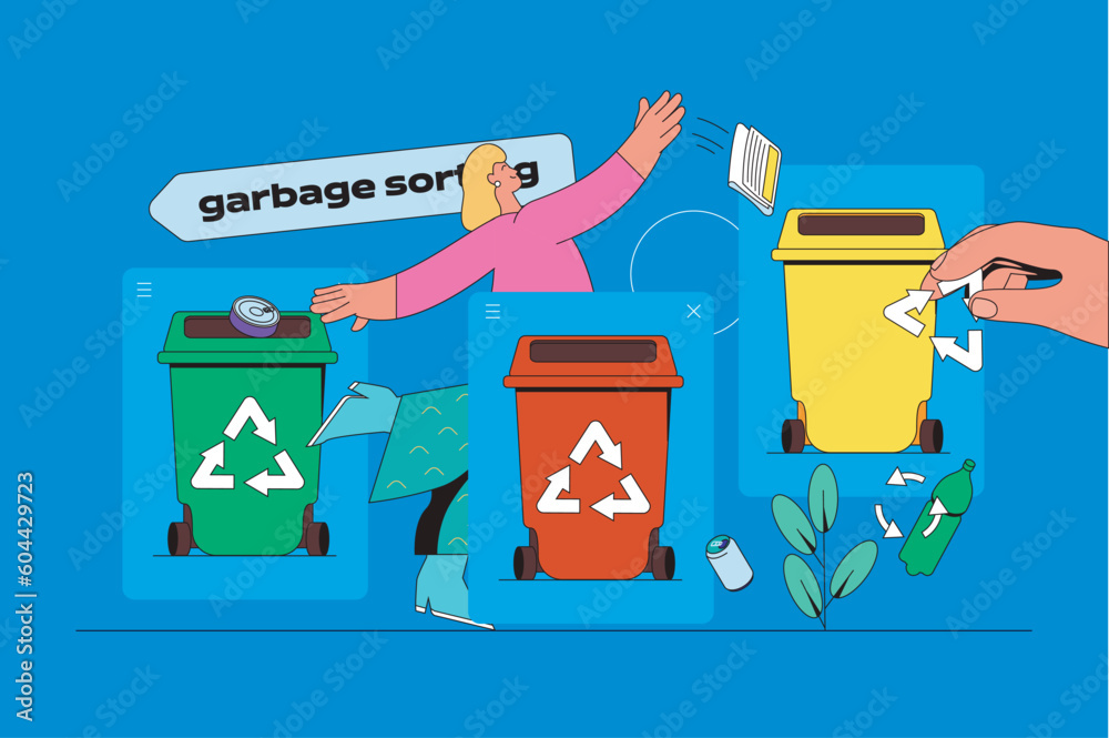 Leinwandbilder waste management web concept with character scene. woman collecting and separating trash for differe