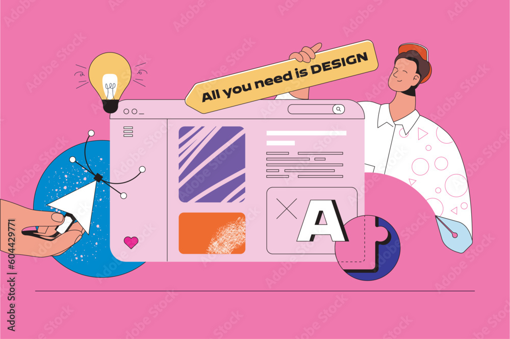 Poster Web design concept with character scene. Designer finding creative solutions for sites layout and application interfaces. People situation in flat design. Vector illustration for marketing material.