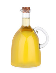 Glass jug of cooking oil isolated on white