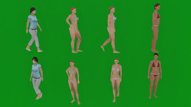 4k resolution, various bikini women on green screen background talking, swimming, sleeping, walking, sitting and standing on the beach, chroma keyrender animation full hd animated 