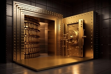 Inside the golden bank vault with open door. Vault for gold, currency, jewelry storage. Generative AI - obrazy, fototapety, plakaty
