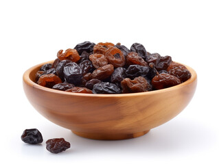 raisins in a wooden bowl  isolated on white background  - obrazy, fototapety, plakaty