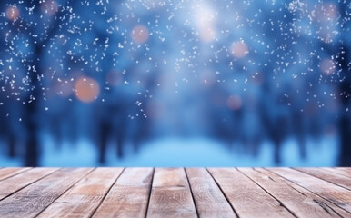 Naklejka na ściany i meble Winter Wonderland: Defocused snowy blue background with wooden flooring and falling snowflakes, generative AI