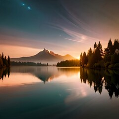 Fototapeta premium Landscape, lake in the forest, beautiful and harmonious nature. 